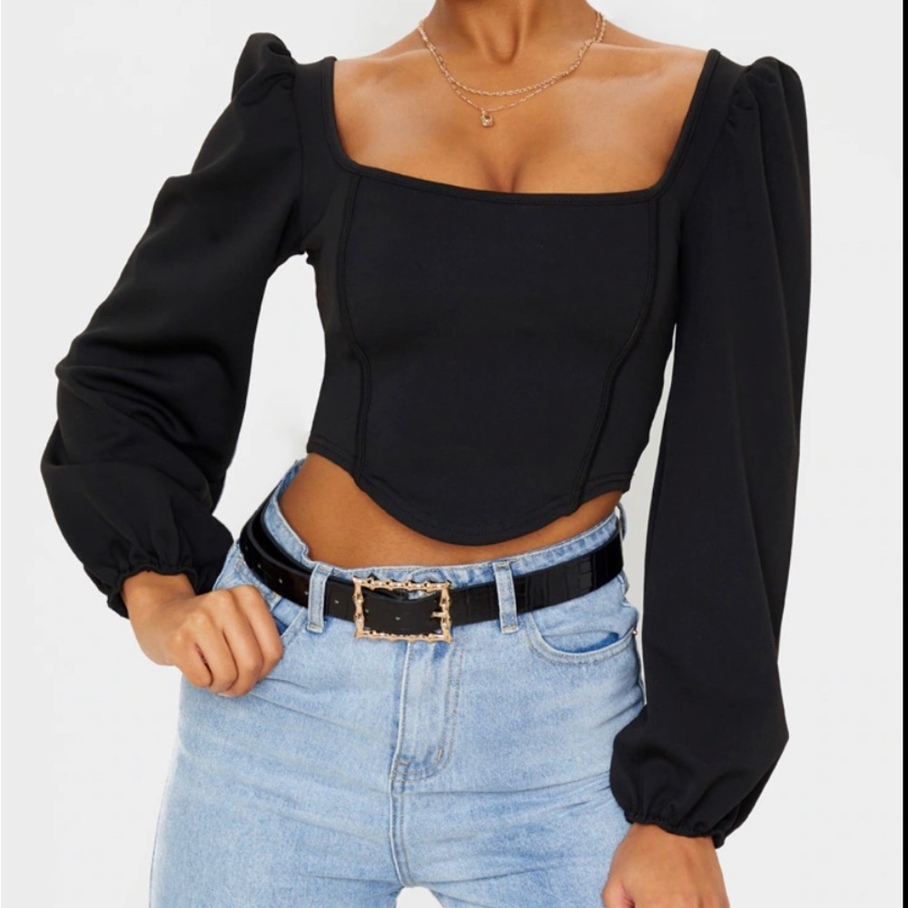 Black Binding Balloon Sleeve Crop Top